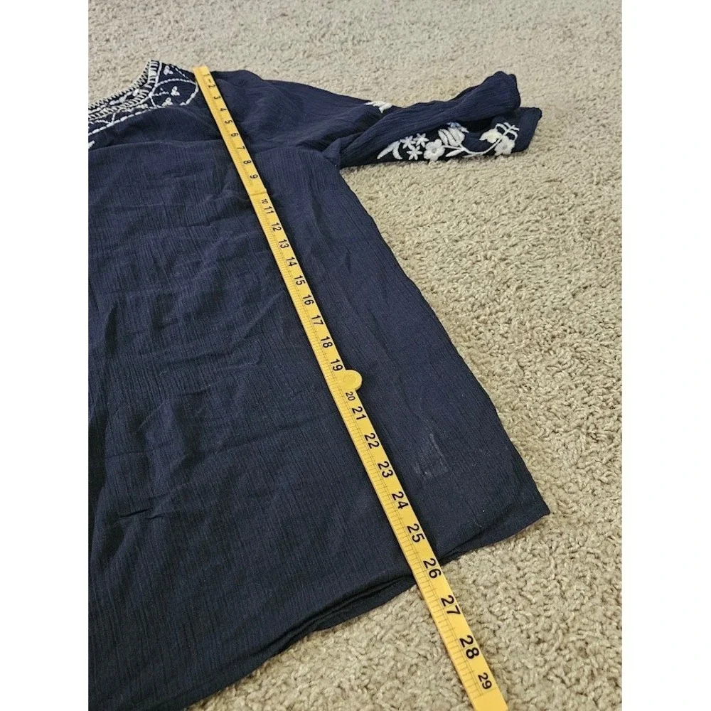 Talbots Blouse Plus Womens 2X Navy Blue Embroidered Cotton Gauze 3/4 Sleeve Boho